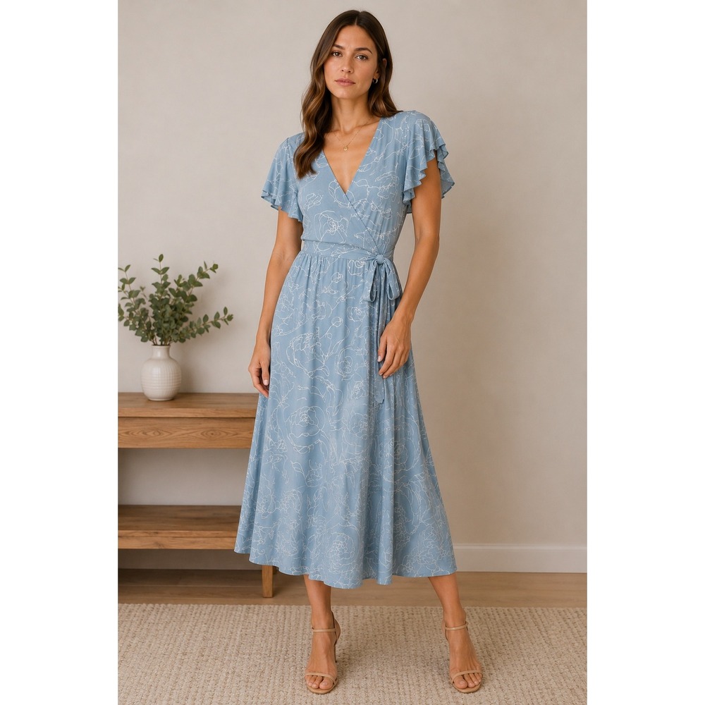 HAPPY EARTH Isla Wrap Dress Garden Floral Organic Cotton Wrap Flutter Slv L/XL